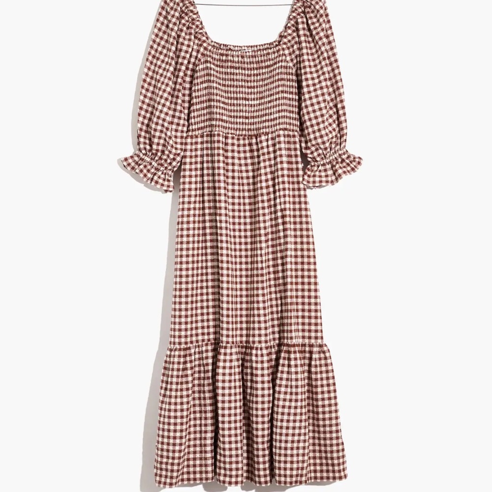 Madewell Lucie Elbow-Sleeve Smocked Midi Dress in Gingham